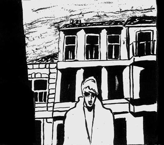 Illustration en noir et blanc d'un homme dans la rue.